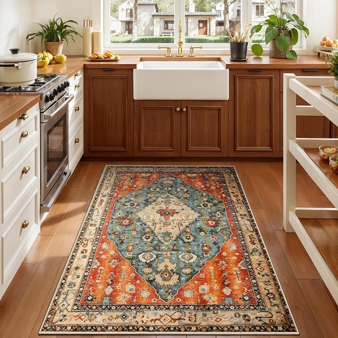 SERISSA Boho Area Rug for Entryway, 3x4 | Washable, Non-Slip, Ultra Soft Print Distressed Tribal, Low-Pile Throw Door Mat