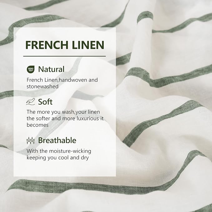 Linen World Striped Linen Pillow Cases Set of 2,20"x40" King Size,100% French Natural Flax Soft Summer Pillow Cases,Olive Green and Cream Stripe