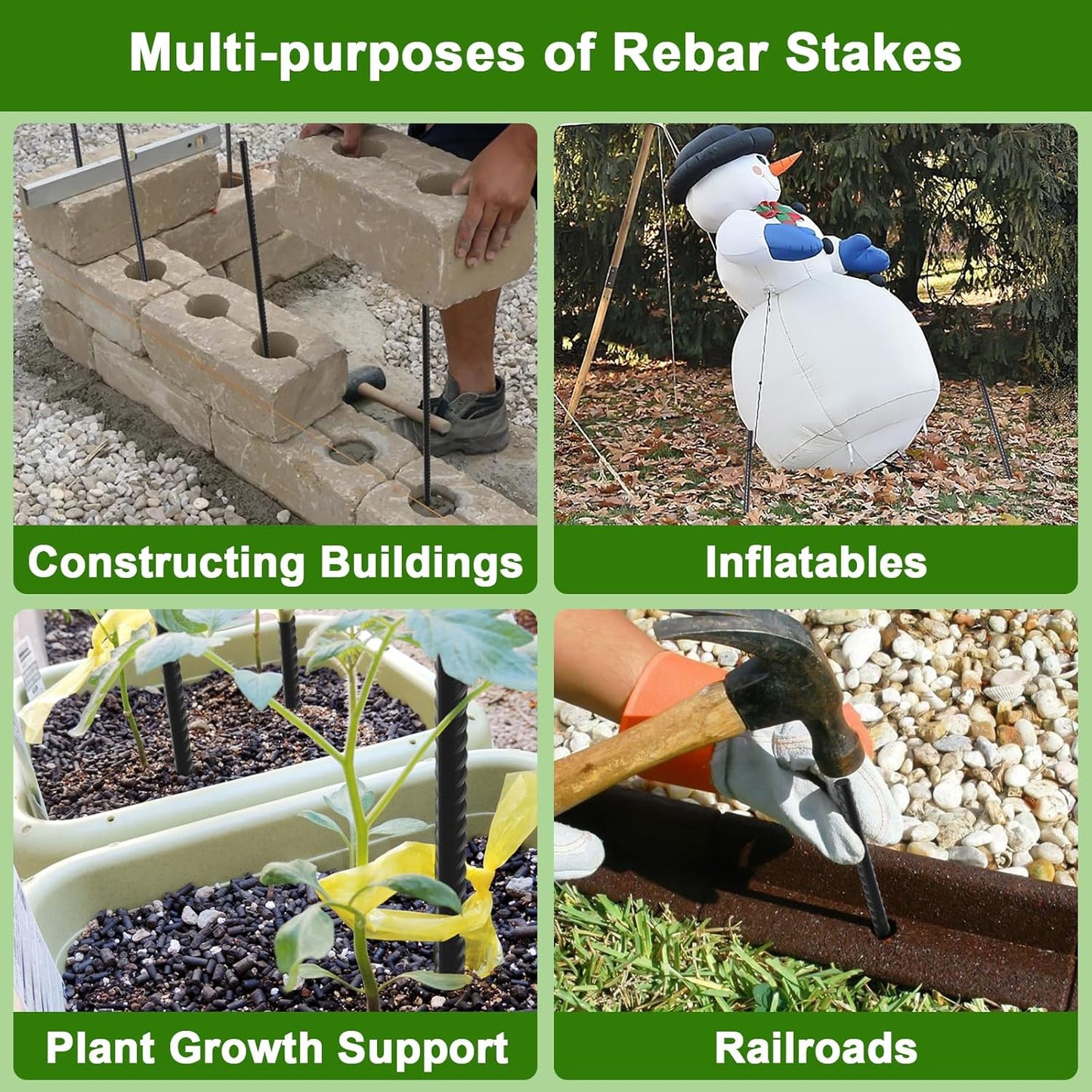 AAGUT Rebar Stakes 24 Inch Straight Garden Plant Stakes (20 pcs) 1/2" Thickness, Heavy Duty Metal Spikes for Concrete Forming, Landscape Timber, Fence, Ground Anchors with Chisel Point End, Black