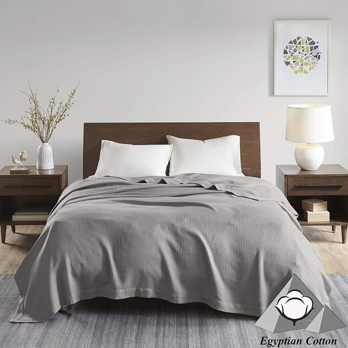 Madison Park 100% Egyptian Cotton Lightweight Summer Blanket, Breathable Waffle Knit Design, Soft Cozy All-Season Throw for Bed, Couch or Sofa, Grey Full/Queen Size (90"x90")