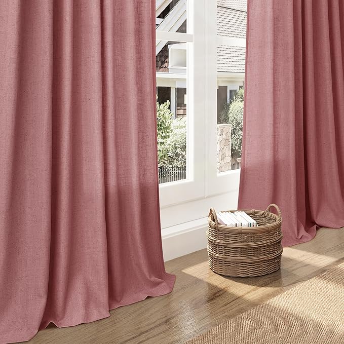 Canyon Rose Linen Curtains for Living Room 63 Inches Long 2 Panel Set Light Filtering Linen Drapes for Kitchen Windows Rod Pocket Back Tab Short See Through Curtain Country Farmhouse Decor 52x63