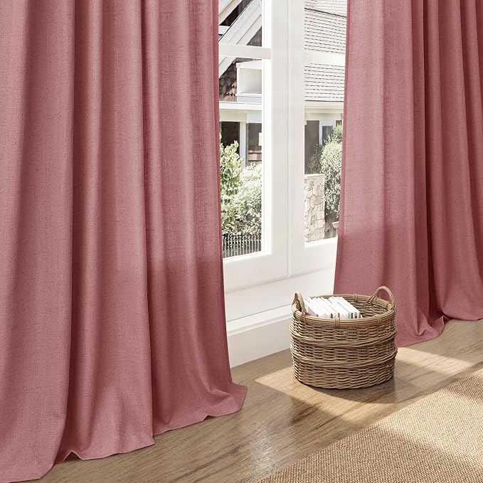 Canyon Rose Linen Curtains 84 Inch Length 2 Panels Set for Living Room Rod Pocket Back Tab Light Filtering Window Drapes for Bedroom Dining Room Protect Privacy Country Farmhouse Decor 52x84