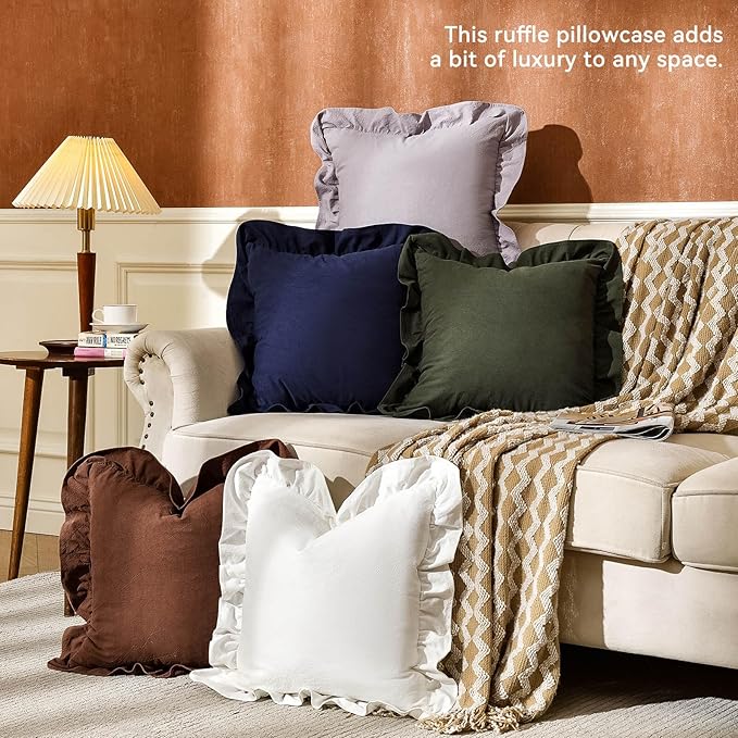 AmHoo Pack of 2 Throw Pillow Covers 100% Cotton Pre Washed Ruffle Decorative Pillowcase Cushion for Couch Sofa Bedroom 18 x 18-Inch Brown