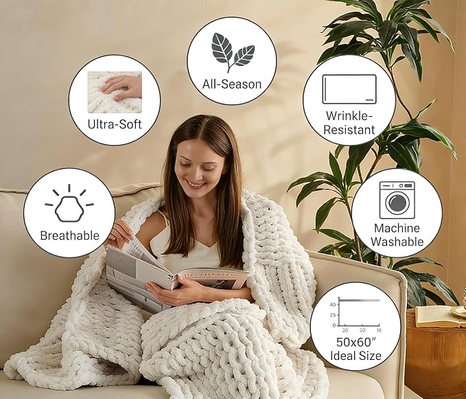 Chunky Knit Blanket Throw 50x60 Inches,Handmade Cable Knit Crochet Blanket,Cozy Lightweight All Season,Wrinkle-Resistant Polyester for Couch Bed Sofa Reading Nook, Beige
