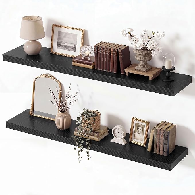 Vivelove Black Floating Shelves for Wall with Invisible Brackets, 36 Inch Floating Shelves for Bedroom Bathroom Living Room Kitchen Office, 36”X 8" X 1.4", Set of 2 - Black