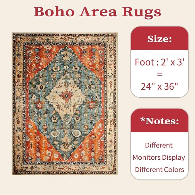 SERISSA Boho Rugs for Entryway, 2x3 Tribal Entryway Rug Non-Slip Washable Small Area Rug, Ultra Soft Oriental Vintage Low-Pile Indoor Door Mat Floor Carpet for Entrance Bedroom Kitchen Bathroom