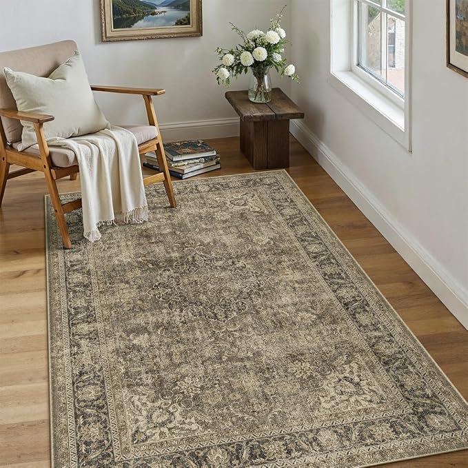 3x5 Washable Area Rug Brown Vintage Non Slip Soft Low Pile Rug for Entryway Kitchen Bathroom Distressed Oriental Throw Carpet for Living Room Bedroom Home Decor