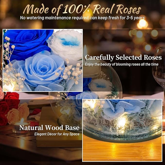 Preserved Blue Real Rose in Glass with Scented Candles–Eternal Flower Romantic Anniversary Mothers Day Christmas Birthday Valentines Day, Women, Wife, Girlfriend, Mom, Grandma