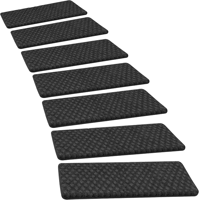 PURE ERA Bullnose Carpet Stair Treads Tape Free Non-Slip Indoor Stair Protectors Pet Friendly Stair Treads for Wooden Steps 9.5" x 30"(7 Pieces,Black Mini-Diamond Trellis)