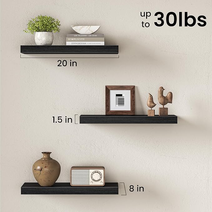 Fun Memories 20Inch Floating Shelves for Wall, 8 Inch Deep Shelves for Bathroom|Bedroom|Kitchen Wall Mounted, Wood Hanging Shelf with Invisible Brackets for Home Storage Decor, Black - 2 Pack