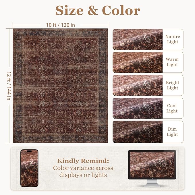 Brick Red Big Rug 10x12, Vintage Farmhouse Distressed Carpet Large Size 10x12 for Living Room Bedroom, Washable Non Slip Low Pile Thin Print Room Rug for Dining Room Family Room