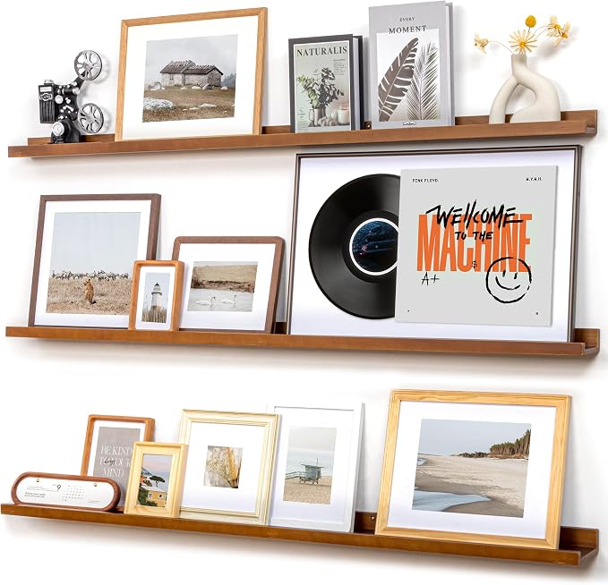 FLYJOE Picture Ledge Wall Shelves - Set of 3, 56 inches Width, Solid Pine Wood Rustic Floating Ledge Shelves for Kids' Room, Bedroom, Kitchen, Bathroom, Walnut