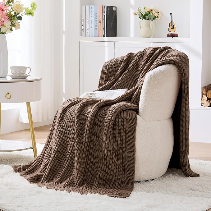 Chunky Knit Brown Throw Blanket for Couch Soft Cozy Thick Knitted Blanket for Sofa Bed, Breathable All-Season Cute Decorative Throw for Living Room, 50"x60",Dark Brown