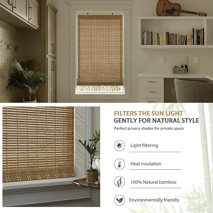 LazBlinds Cordless Bamboo Blinds, 35"x72", Brown206 | Bamboo Roll Up Shades for Windows, Light Filtering Hanging Window Blinds, Bamboo Shades for Patio Indoor/Outdoor Porch