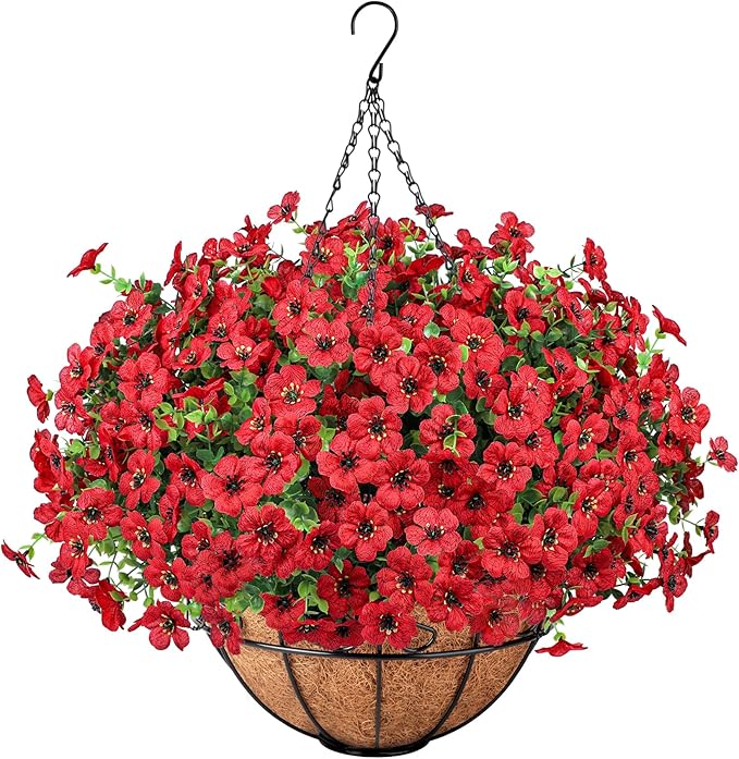 Ouddy Decor Artificial Hanging Flowers with Basket, Fake Hanging Plants with Faux Silk Flowers UV Resistant for Outdoors Indoors Spring Summer Porch Patio Balcony Yard Home Decorations, Red