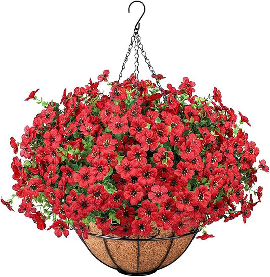 Ouddy Decor Artificial Hanging Flowers with Basket, Fake Hanging Plants with Faux Silk Flowers UV Resistant for Outdoors Indoors Spring Summer Porch Patio Balcony Yard Home Decorations, Red