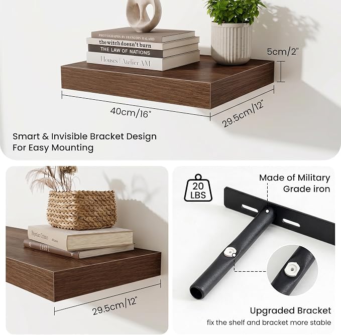 Fun Memories Wood Floating Shelves 16 Inch, 12 Inch Deep Shelves Wall Mount, Wall Shelves with Invisible Bracket, 16" Floating Shelves for Living Room Bathroom Bedroom, Walnut, Set of 2