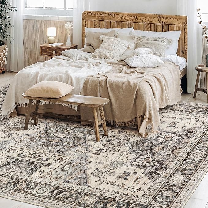 Area Rug for Living Room - 10x12 Soft Washable Oriental Vintage Floral Distressed Large Carpet - Fade Stain Resistant Non Slip Rugs for Bedroom Dining Room Nursery Dorm Office Home Decor - Brown
