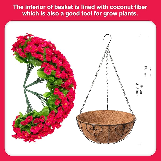 Ammyoo Artificial Hanging Flower Plants with Basket for Outdoor Decoration, Faux Petunias Flowers Fake Morning Glory Planter for Outside Patio Garden Porch Balcony Yard Decor(Rose Red)