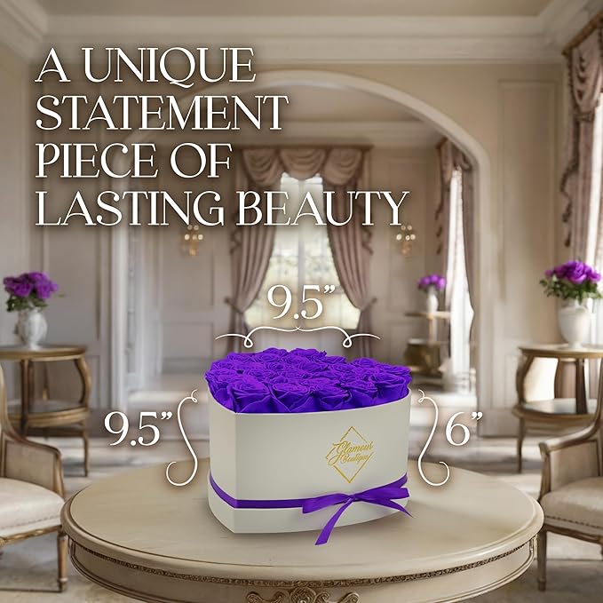 GLAMOUR BOUTIQUE Preserved Roses in a Box - Gifts for Her, Wife & Mom, Rose Flowers Forever Decor for Birthday Gift, Get Well Flower Bouquet Cased in White Box with Cover - Purple - 27 (Color-Treated)