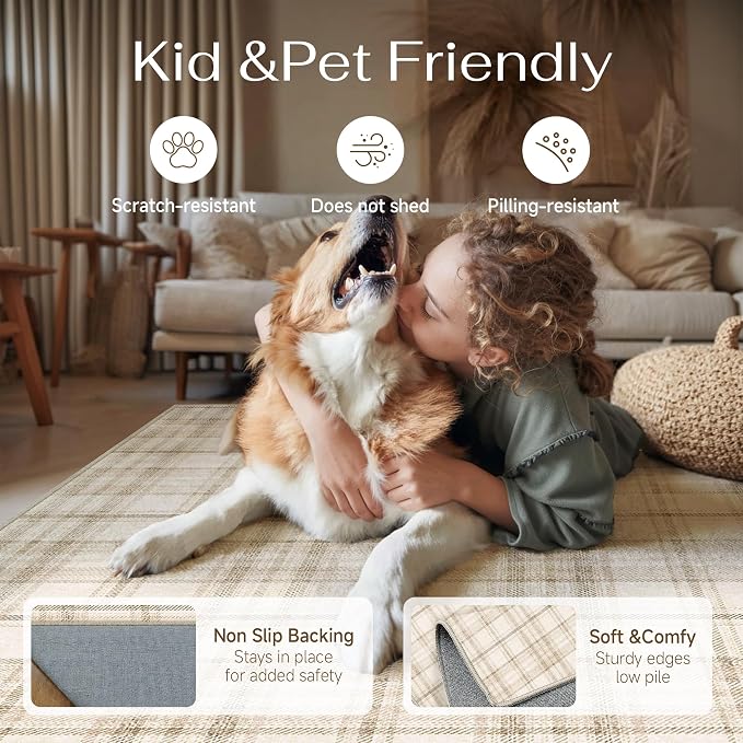 4x5 Beige Area Rug for Living Room Bedroom Machine Washable Low Pile Checkered Carpet Modern Accent Soft Non Slip Rug for Dining Room Nursery Office Indoor