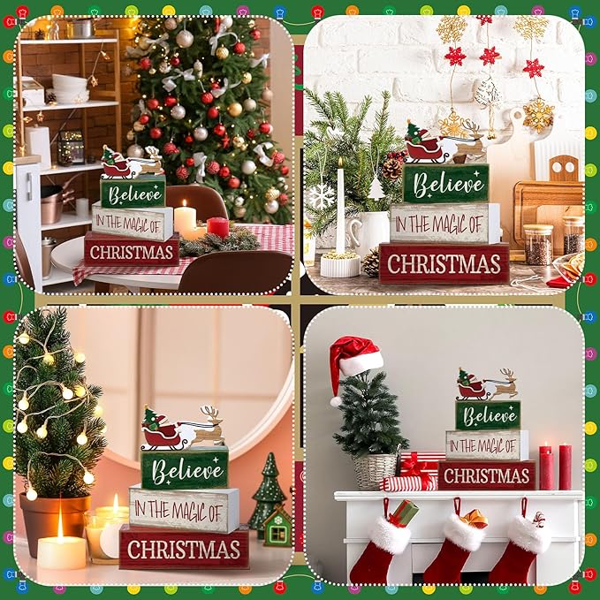 Lineshading 4 Pcs Christmas Table Decoration Wooden Santa Claus Decor Christmas Tiered Tray Decor Decorative Santa Claus Elk Block Sign Gift Farmhouse Xmas Table Centerpiece for Home Kitchen Shelf