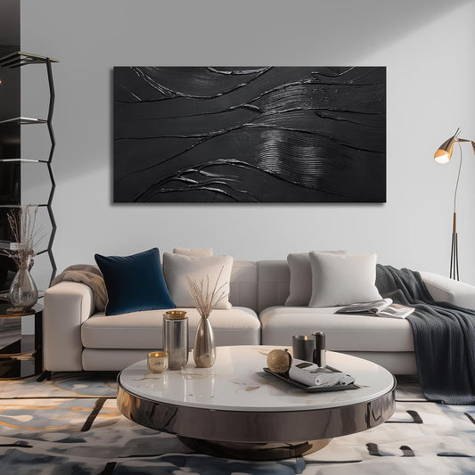 Modern Wall Decor For Bedroom Abstract Hand-Painted Oil Painting For Living Room Black Canvas Wall Art For Home Office Size 24 x 47 Inch