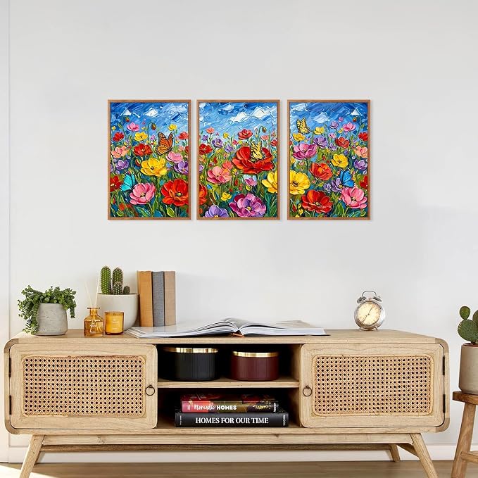CHDITB 3D Textured Impasto Floral Poppy Framed Canvas Wall Art Set,Modern Butterfly Wildflower Country Wall Decor,Vibrant Colorful Spring Flower Art Prints for Living Room Bedroom Farmhouse 16"x24"x3