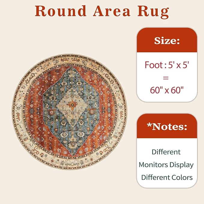 SERISSA Boho Round Area Rug, 5ft Washable Non-Slip Circle Rug, Ultra Soft Oriental Vintage Tribal Low-Pile Circular Carpet for Bedroom Entryway Kids Room Office College Dorm Living Room