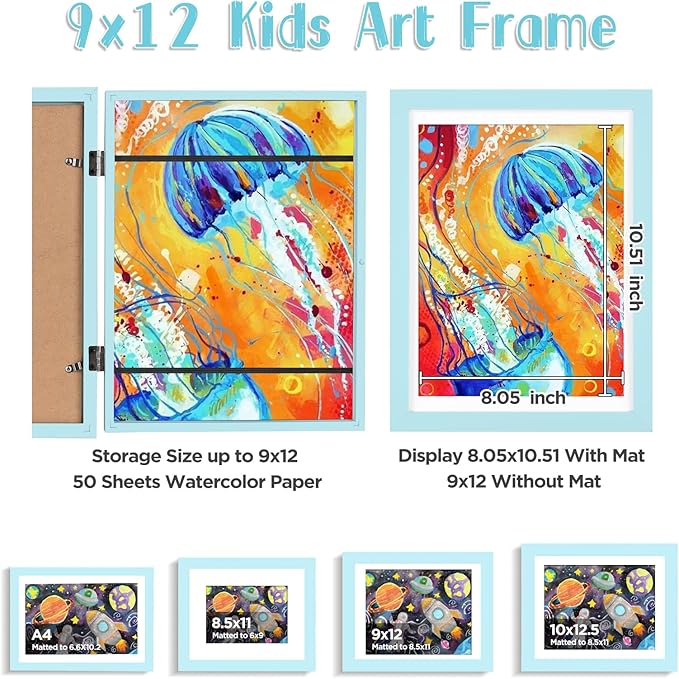 KINLINK 9x12 Kids Art Frame Set of 2, Solid Wood Kids Artwork Frames Changeable with Front Opening Hold 150 Pictures, Art Frames for Kids Art with Mat，without Mat 9x12 Picture Frame Blue