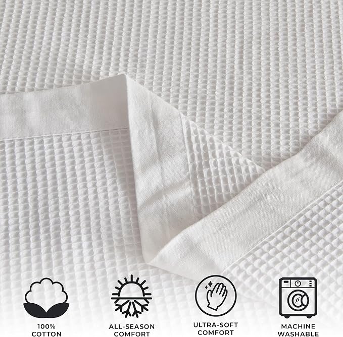 Great Bay Home 100% Cotton Blanket for Twin Size Bed | Lightweight and Breathable Waffle Weave Blankets for Summer & Spring | Versatile, Layering White Bed Blanket, White, 90x66 inches