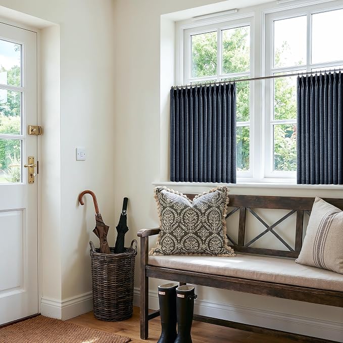 Short Pinch Pleated Curtains 24 Inch Length Navy Blue Modern Light Filtering Thick Linen Small Window Curtain for Kitchen Dining Room Aesthetic Semi Sheer Privacy Back Tab Pleat Drapes 24 Inches Long