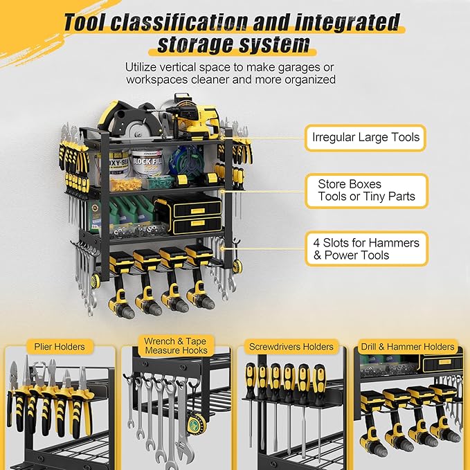 Jusgym Power Tool Organizer Wall Mount |200lbs Garage Storage Rack with 4 Cordless Drill Holder |4-Tier Heavy Duty Tool Storage Rack for Garage Organization |Gift for Men
