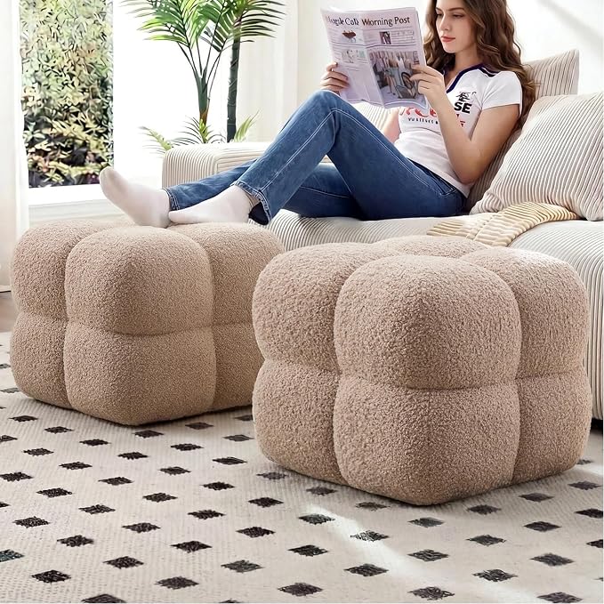 Zesthouse Square Pouf Ottoman Set of 2, Modern Backless Vanity Chair for Bedroom, Tan Fuzzy Foot Rest for Couch, Upholstered Tufted Footstool, Sherpa Fabric Ottoman Coffee Table for Living Room