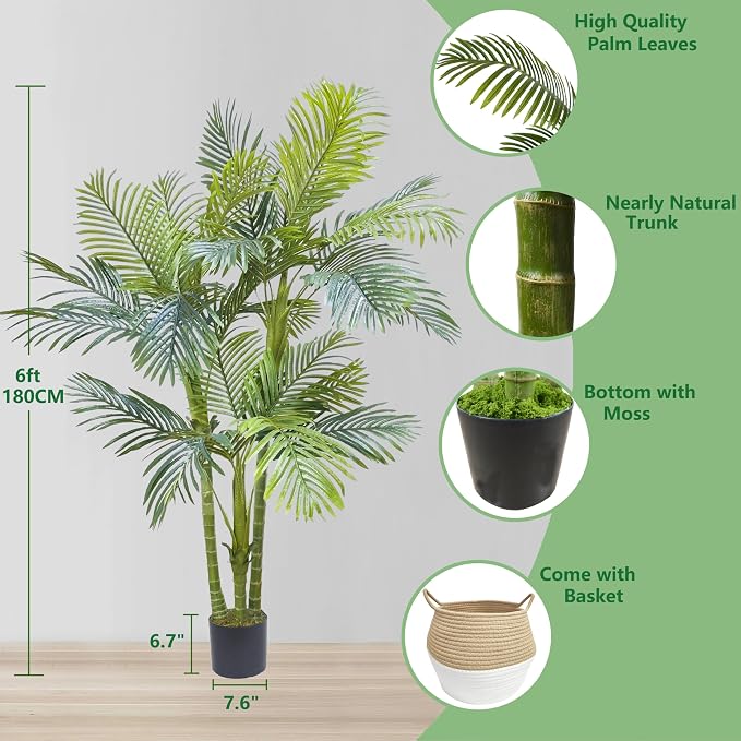Warmplants Artificial Palm Tree, 6ft Golden Cane Fake Palm Plant with Basket, Large Phoenix Palm UV Resistant Faux Plants for Indoor Outdoor Home Garden Patio Office Décor