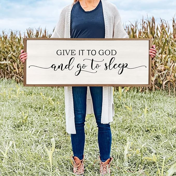 Give It To God And Go To Sleep Sign Wall Decor 40"X15" Master Bedroom Above Bed Large Farmhouse Wall Decor Wood Rustic Framed Over Bed Wall Art Hanging Decoration (Wood White)
