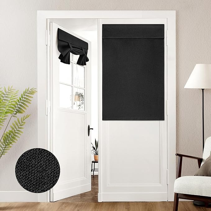 HOMEIDEAS 100% Black Linen Blackout French Door Curtains, Privacy Door Window Curtains, 30 X 40 Inch Room Darkening Blinds, Thermal Insulated Shades for Bedroom, 1 Panel