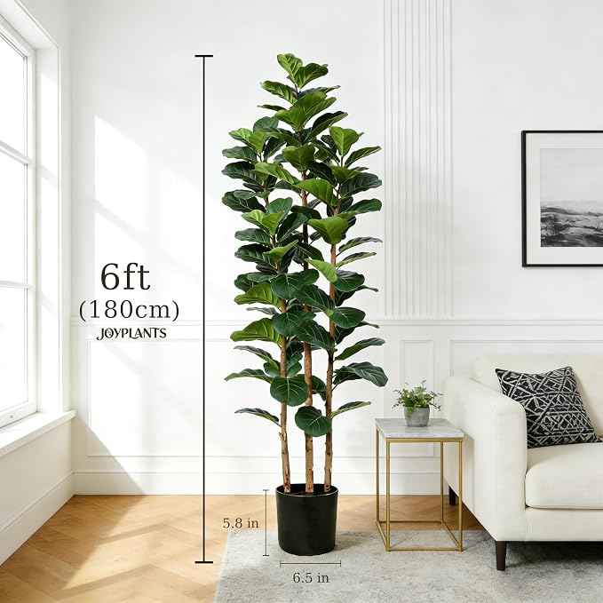 6ft Fake Fiddle Leaf Fig Tree, Realistic Fake Plants with Natural-Looking Trunk, Evergreen Faux Plants Indoor for Home & Office Decor（3 Poles, Black Pot）