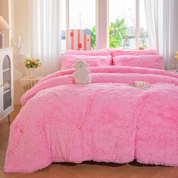chovy Faux Fur Plush Pink Comforter Sets Twin/Full Size - Ultra Soft Shaggy Flannel Velvet Fluffy Fuzzy 3PC Bedding Set （Comforter x 1 Pillowcases x 2）
