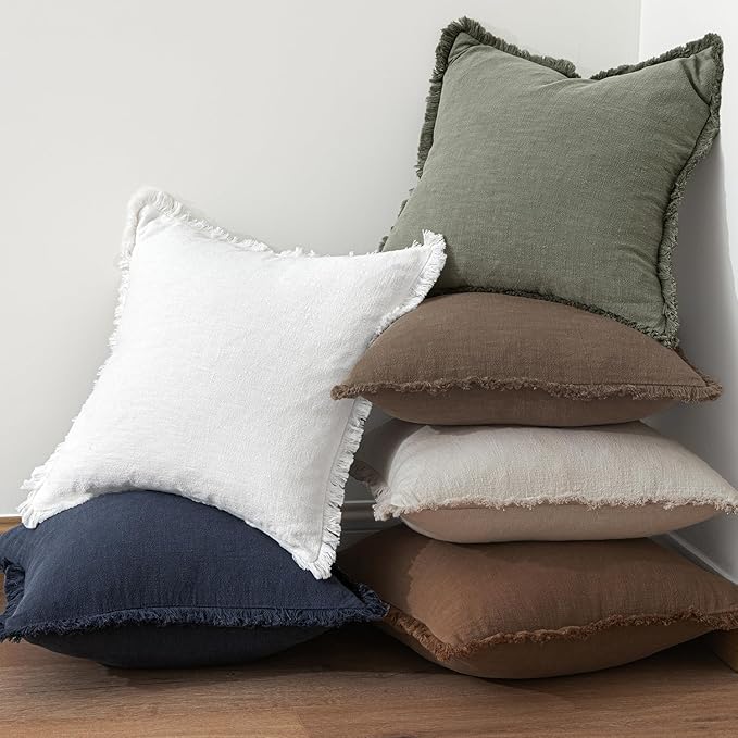 MIULEE Decorative Throw Pillow Covers Neutral Linen Fringe Throw Pillows Set of 2 Cocoa Brown Boho Farmhouse Cushion Covers for Couch Sofa Bed Living Room Spring Home Decor 22x22 Inch