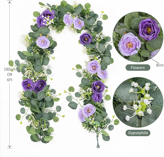 TOCHGREEN 2 Pack 13Ft Artificial Eucalyptus Flower Garland with Purple Roses, Fake Rose Flower Greenery Garland Floral Vines for Wedding Home Party Table Runner Decor (Purple, 2PCS)