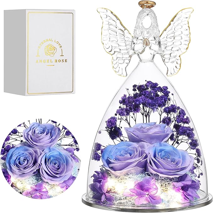 Mothers Day Rose Gifts for Women Preserved Real Flower in Glass Angel Figurines Roses for Delivery Prime Birthday Gifts for Mom Grandma Girlfriend Wife Her, BluePurple