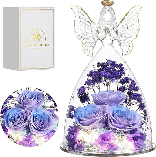 Mothers Day Rose Gifts for Women Preserved Real Flower in Glass Angel Figurines Roses for Delivery Prime Birthday Gifts for Mom Grandma Girlfriend Wife Her, BluePurple