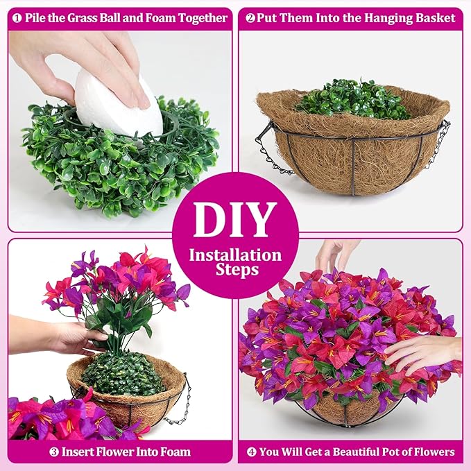 Artificial Fake Hanging Flowers Plants Basket for Outdoors, Faux Silk Bougainvillea in Planter UV Resistant Realistic Spring Summer Decoration for Outside Porch Patio Yard Home Decor (Purple Hotpink)