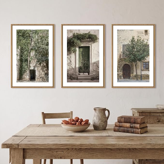 HOURIA Vintage Italy City Landscape Framed Canvas Wall Art Set,Sage Green Olive Tree Old House Wall Decor,Modern Mediterranean Country Cityscape Artwork for Living Room,Bedroom,Farmhouse-16 x24 x3