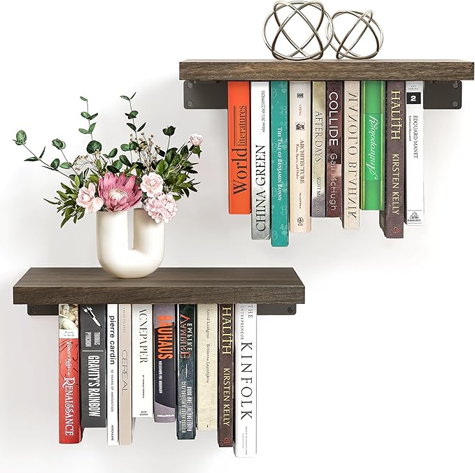 NANATI 2 Set of Floating Bookshelf with Super Load-Bear Shelf Brackets, Paulownia Wood Invisible Bookshelf, Hanging Bookshelves for Wall, Unique Space Saving Wall Bookcase