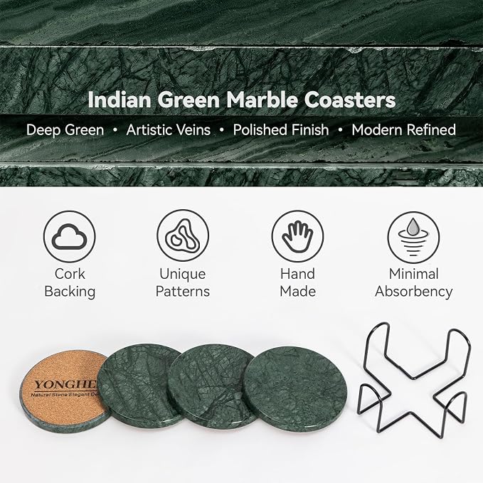 Dark Green Marble Coasters Set of 4 with Holder, Luxury Drink Coaster for Coffee Table, 4" Round Polished Verde Stone Coaster with Intricate Veins – Heat Resistant, Non-Slip, Housewarming Gift