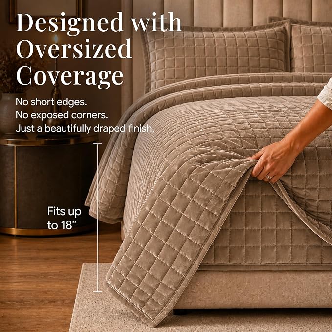 Tribeca Living Luxury Velvet Quilt Twin Size Set - 260GSM Ultra-Soft Oversized Velvet Bedspread Comforter Set with 1 Sham, in Florence Taupe