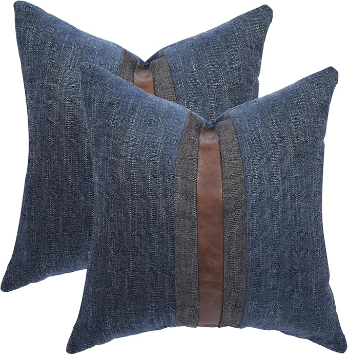 BOYSUM Set of 2 Leather Throw Pillow Covers Cotton Linen Decor Patchwork Pillow Cover Faux Leather Pillows Cover for Couch Sofa Living Room Bedroom,Navy Blue 20"x20"