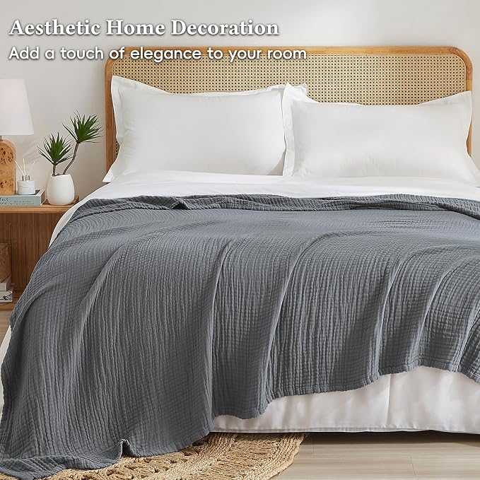 David's Home Soft Muslin Blanket Twin Size for Adults, 60% Rayon 40% Cotton, Breathable Lightweight Cooling Blanket for Hot Sleepers, 4-Layer Cozy Gauze for Bed, 66"x90", Grey
